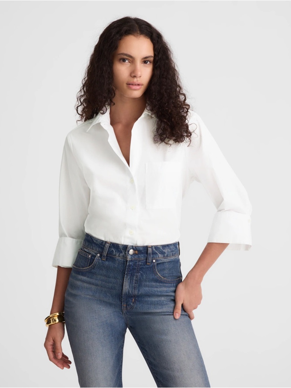 Madewell The Signature Y-Neck Shirt in Poplin in White Size Medium